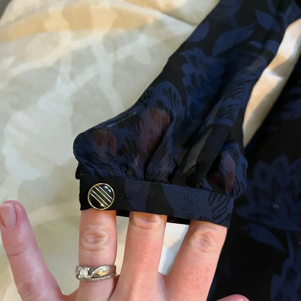 Tory Burch black blue floral silk long sleeve blouse women‎ size 2